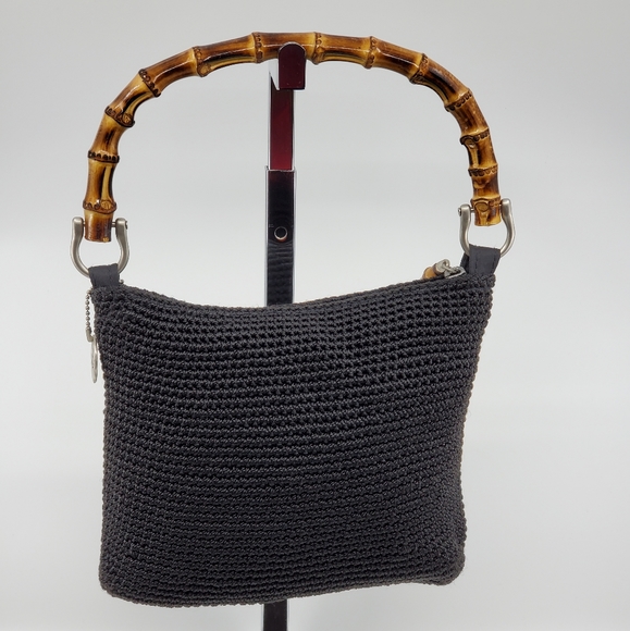 The Sak Black Crochet Wooden handled Tote Bag with Silver Hardware - Picture 2 of 7